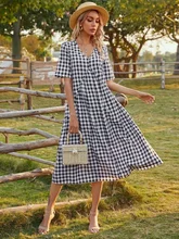 

Donsignet 2021 New Fashion V Neck Short Sleeved Plaid Stitching Womens Dress Office Lady A Line Long Dress