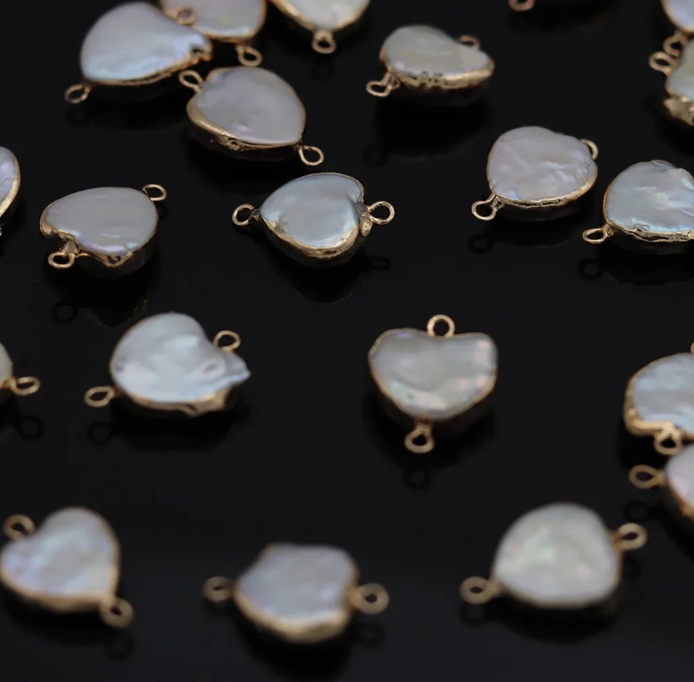 5pcs Natural Freshwater Pearl Heart Shape Connector Pendants Double Hole White for Necklace Bracelet Jewelry Making DIY 15x15mm