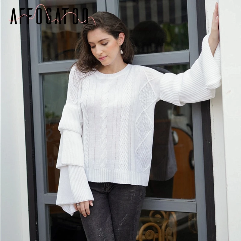

Affogatoo Elegant O-neck solid knitted white sweater women Casual loose ruffle femme pullover sweater autumn winter warm sweater