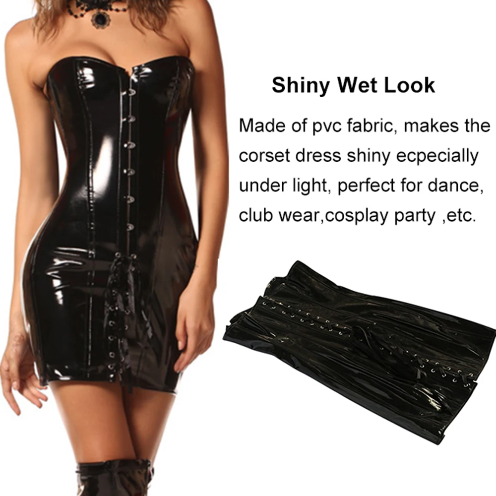 Кружевное искусственное кожаное платье-корсет Wetlook ПВХ стимпанк готическое бюстье без бретелек винтажное Клубное платье на Хэллоуин вечерние корсеты