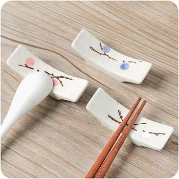 

4Pcs Plum Blossom Printing Ceramic Japanese Style Chopsticks Stand Rest Rack Spoon Fork Knife Holder Set