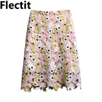 

Flectit Pink Cutwork Floral Embroidery Lace Skirt High Waist Knee Length A-Line Skirts For Women
