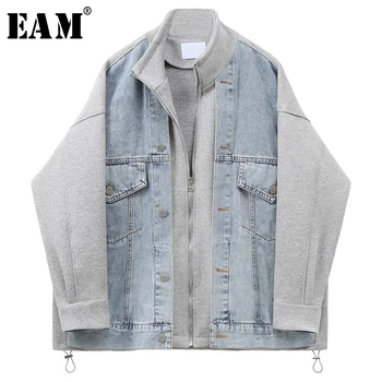

[EAM] Loose Fit Gray Denim Blue Big Size Jacket New Stand Collar Long Sleeve Women Coat Fashion Tide Spring Autumn 2020 1X168