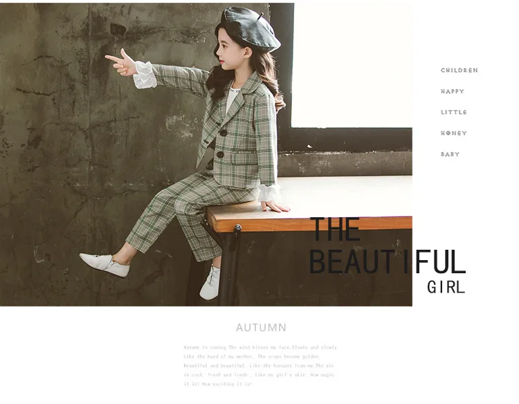 Clothes For Girls Plaid Blazer& Pants Suit For Girls Party Turn Down Collar Girls Sets Autumn Fashion Kid Clothing For Girls