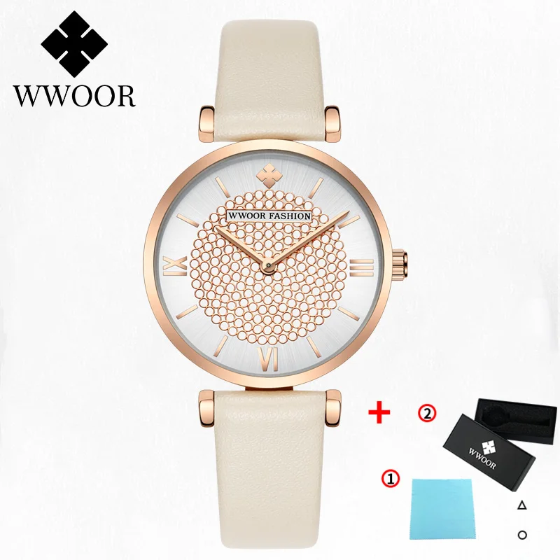 White Женские часы WWOOR, современная мода, красный кварц, подарки, часы, кожаный роскошный браслет, Премиум качество, повседневные женские наручные часы - Цвет: White