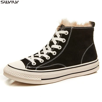 

SWYIVY Pigskin Black Sneakers Women Short Plush Casual Women's Shoes T New 2019 Winter Shoes Woman Sneakers Flat Ladies Shoe 40
