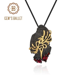 

GEM'S BALLET 925 Sterling Silver Pendant Necklace for Women Natural Red Garnet Gemstone Black Golden Handmade Flower Jewelry