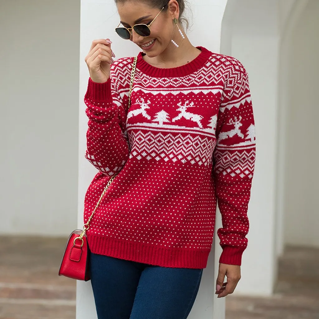 

2019 Women Autumn Winter Christmas Sweater Print Long Sleeve O-Neck Christmas knitting Soft Handfeel Casual Pullover Tops
