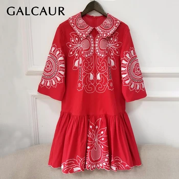 

GALCAUR Embroidery Hit Color Dress Women Lapel Collar Half Sleeve High Waist Ruched Irregular Hem Dresses Female Clothing 2020