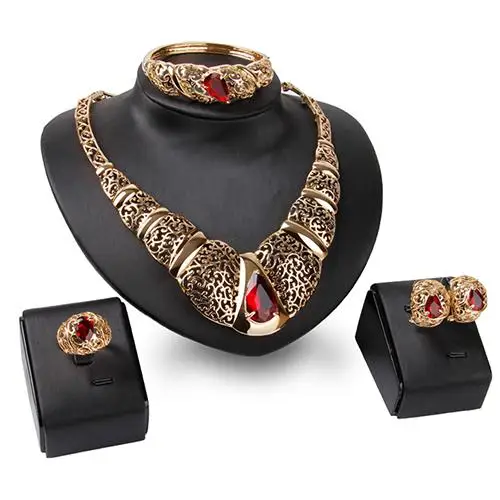 

Luxury African Style Teardrop Rhinestone Hollow KC Gold Plated Lady Jewelry Set