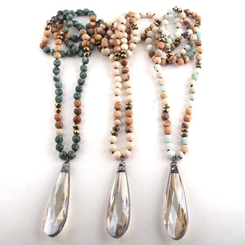 

Fashion Bohemian Tribal Jewelry Natural Stone Long Knotted Glass Drop Pendant Necklaces For Women