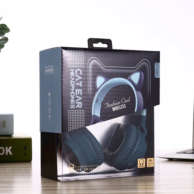 Blue with retail box Кошачьими ушками светодиодный наушники Шум с шумоподавлением Bluetooth 5,0 детская одежда для мальчиков и девочек складные наушники Поддержка TF карты 3,5 мм разъем с микрофоном - Цвет: Blue with retail box