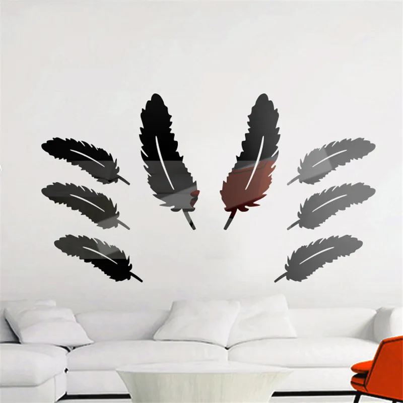 8 pieces of 3d acrylic feather wall stickers home decoration bedroom restaurant TV background | Дом и сад