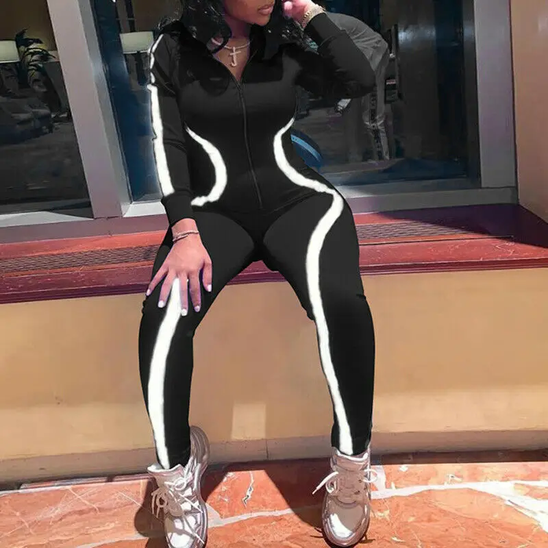 2019 Autumn Women Reflective Striped Jumpsuit Long Sleeve V-Neck Zipper Bodycon Romper Sexy Skinny Ladies Long Pants Jumpsuit
