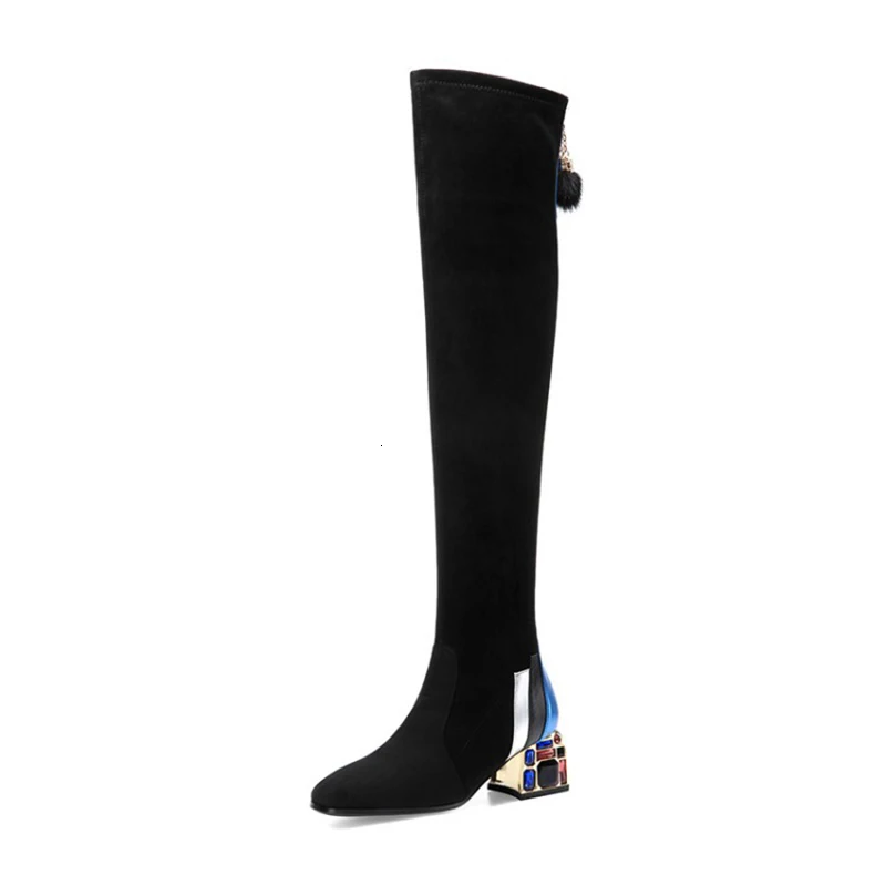 [DEAT] Square Toe Back Zipper Flock Black Crystal Mixed Colors Velvet Women Long Boots New Autumn Winter Fashion 10E664