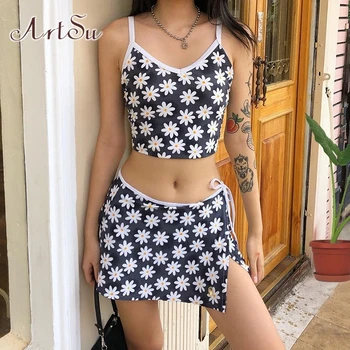 

ArtSu Summer Casual 2 Pieces Sets Women Floral Printed Sleeveless Crop Top and Skirt Set Korean Fashion Beach Ladies ASSU20325