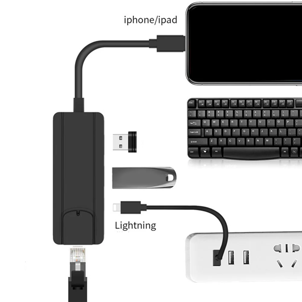 

RJ45 4 Ports Fast Transmission Portable Mobile Phone Accessories Ethernet Network Adapter Stable USB Wired With Cable For IPhone