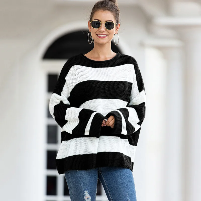 

2020 Autumn New Knit stripe Knitted Women Autumn Winter O-Neck Long Sleeve Pullovers Loose Sweater Lady Casual Fashion