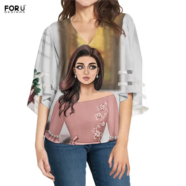 FORUDESIGNS,, для молодых девушек, с принтом, женская блузка, модная одежда, глубокий v-образный вырез, сексуальные шифоновые топы, сетчатая панель, свободная блузка - Цвет: HMC3029B3