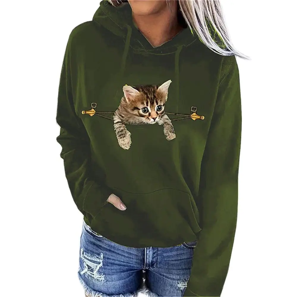 Women's Casual Tops For Autumn Winter 2021 New Long-Sleeved Cat Animal Print Sweatshirt Loose Hooded Pullover Sweater