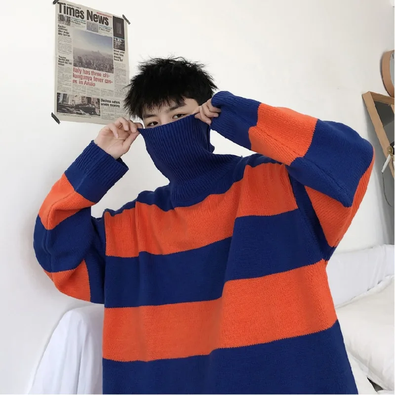 

Autumn/winter 2019 new slimming color stripe knitted print long sleeve sweater loose turtleneck casual youth men's wear