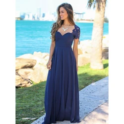 Navy Blue Long Bridesmaid Dresses Lace Cap Short Sleeves Chiffon Back Wedding Maid Of Honor Gowns robe de soirée de mariage 2022