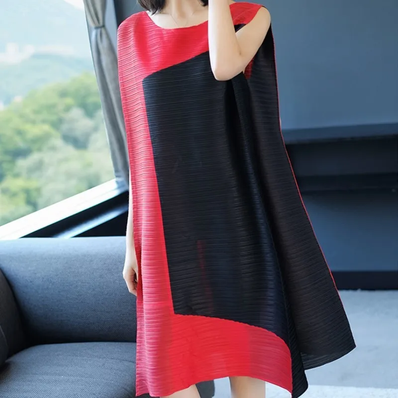 [DEAT] летнее Новое повседневное стильное платье без рукавов в стиле пэчворк контрастного цвета со складками, свободное тонкое платье с круглым воротником AI162