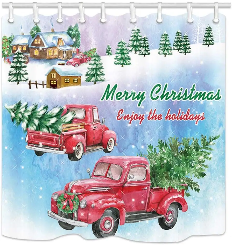 Christmas Xmas Tree Red Retro Truck in Snow with Pine Fir Fabric Bathroom Shower Curtain | Дом и сад
