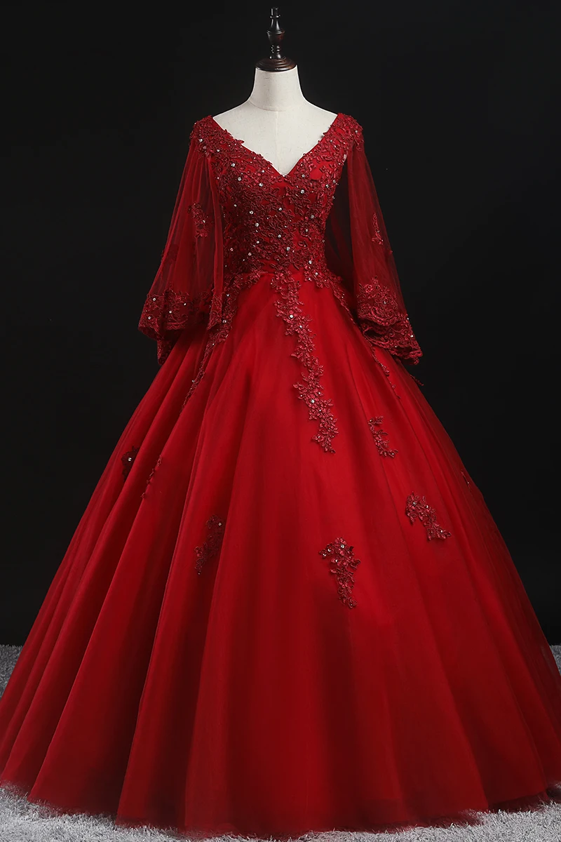Quinceanera Dress Party Prom Dress Full Sleeve Sexy V-neck Ball Gown Luxury Lace Vintage Quinceanera Dresses