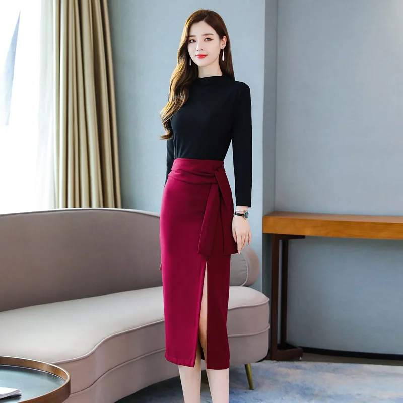 

Jersey Dress Long Skirts 2019 Autumn WOMEN'S Dress New Style Elegant Slimming Waist Hugging Two-Piece Set Popular Sheath Skirt