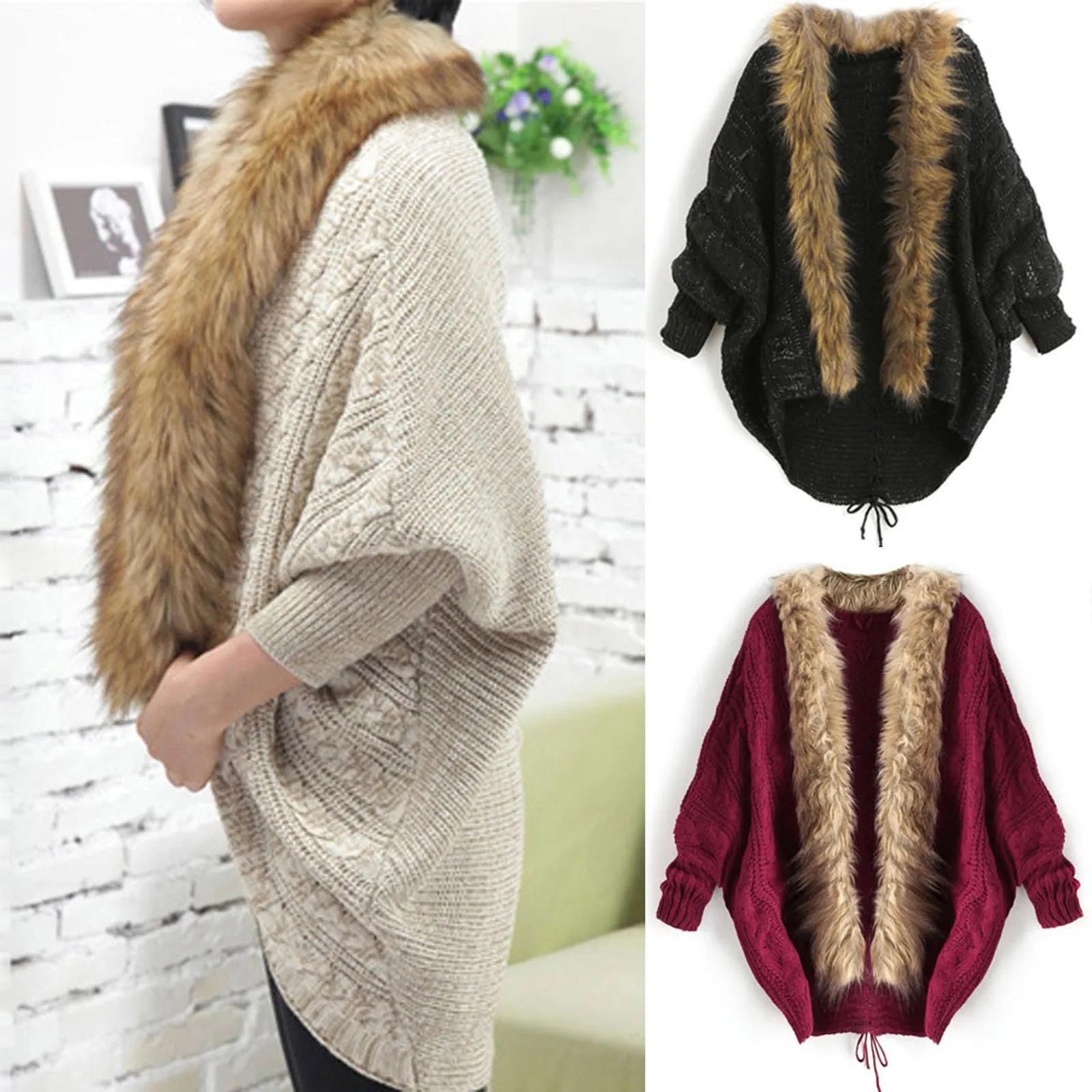 Cardigan Knitted Sweater Women winter warm Faux Fur Collar Coat Long Bat Sleeve fashion Loose Knit Cardigan Korean Femme Coat 1