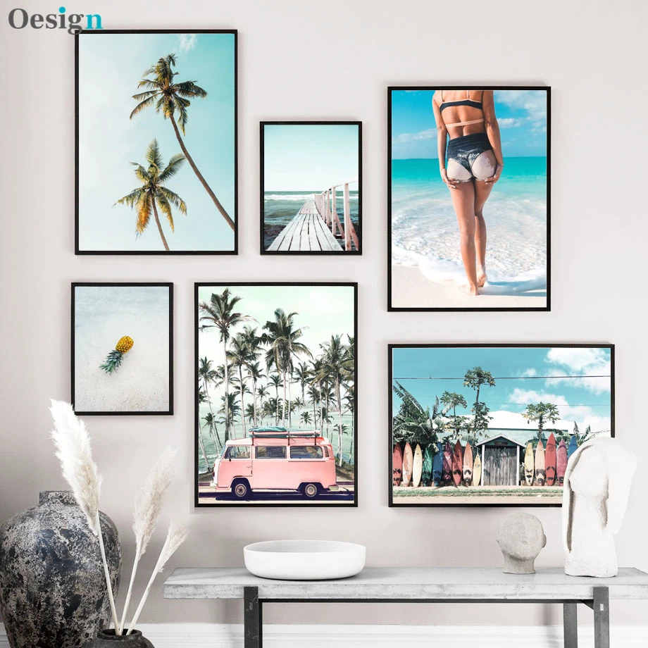 

Bus Sea Beach Girl Palm Tree Landscape Wall Art Canvas Painting Nordic Posters And Prints Wall Pictures For Living Room Decor