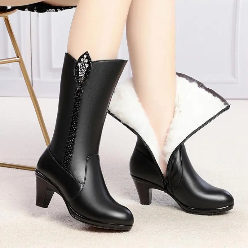 Fashion women's boots 2020 winter new Genuine Leather High heel riding boots wool Mid-Calf boots Women's black plus size shoes