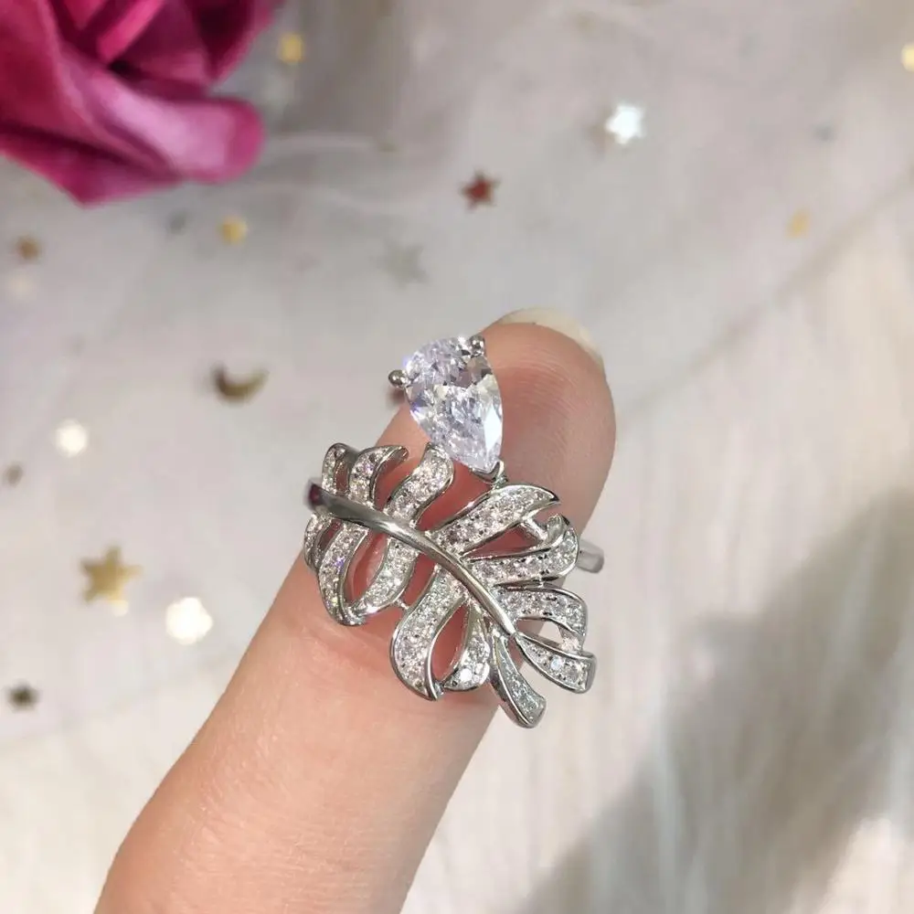 925 пробы Серебряное модное кольцо в виде листа, геометрической формы, кольцо с перьями, элегантное кольцо в форме капли воды, рождественское ювелирное изделие, перо птицы, открытое регулируемое кольцо