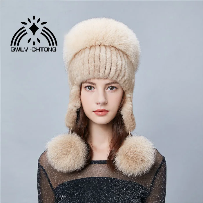 Новое подлинное натуральное вязаное Норковое меховая шапка с большим лисьим меховым шаром, женские модные запонки для ушей, Зимние головные уборы - Цвет: Золотой