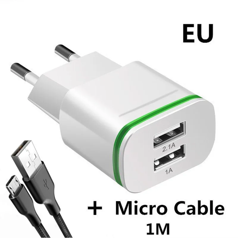 White Micro Cable 5V 2.1A Быстрый Настенный адаптер для зарядки мобильного телефона, умный светодиодный светильник ЕС/США штекер 2 Порты USB Зарядное устройство для iPhone Xiaomi samsung huawei - Тип штекера: White Micro Cable