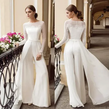 

2020 Bohemian Jumpsuit Lace Wedding Dresses Jewel Neck Long Sleeves Beach Bridal Gowns Floor Length Chiffon Boho vestido de novi