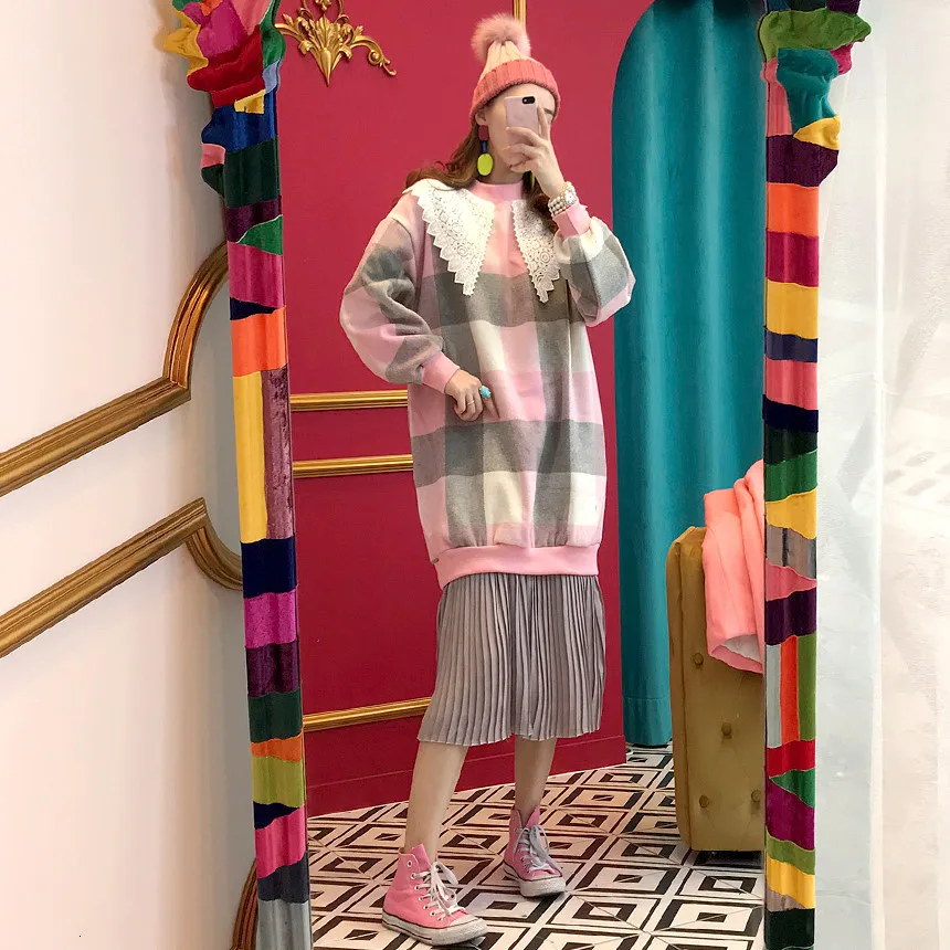 SuperAen, корейский стиль, женское платье, хлопок, в клетку, осень, новинка, женское плиссированное платье, длинный рукав, хлопок, женская одежда, мода