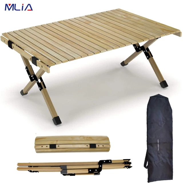 LUCKYERMORE Mesa plegable de madera, mesa de camping portátil enrollable  con bolsa de transporte, mesa de picnic ligera para exteriores, interiores