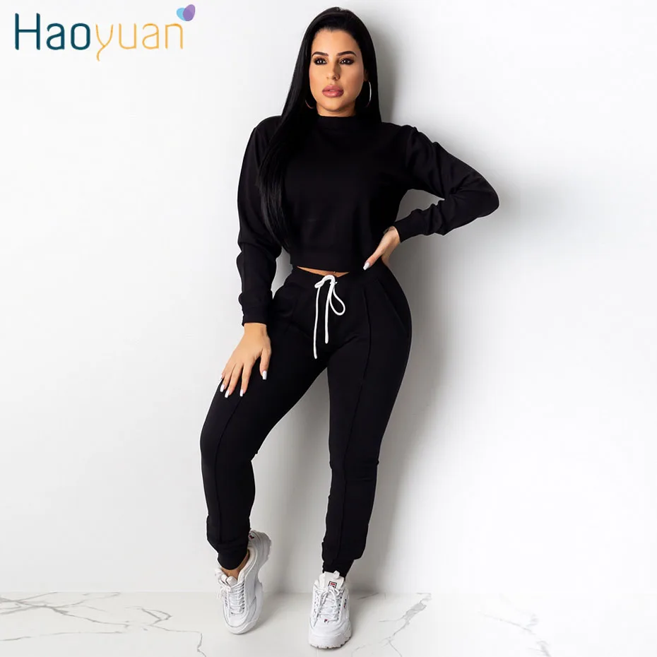 HAOYUAN комплект из двух предметов, спортивный костюм для женщин, осенняя одежда, одинаковые комплекты, Топ с длинным рукавом и облегающие штаны, спортивные костюмы, комплект из 2 предметов