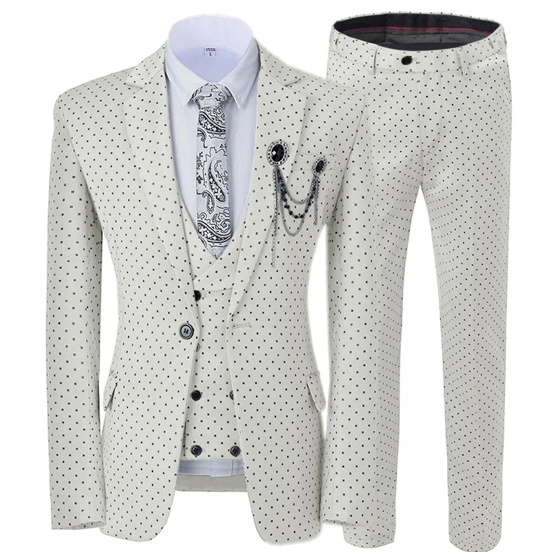 Мужской костюм Poika в горошек, 3 предмета, новейший дизайн пальто, брюки, смокинги с отворотом, Женихи, мужские свадебные/вечерние(Блейзер+ жилет+ брюки - Цвет: Слоновая кость