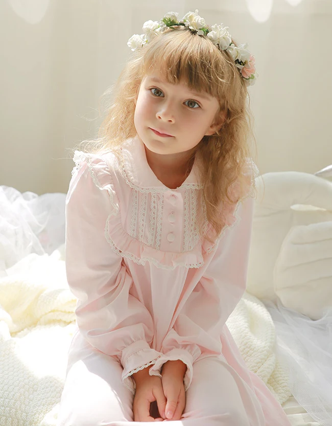 Children Girls Lolita Dress Princess Sleepshirts Vintage Peter Pan Collar Nightgowns.Victorian Kid's Nightdress Lounge Sleepwear