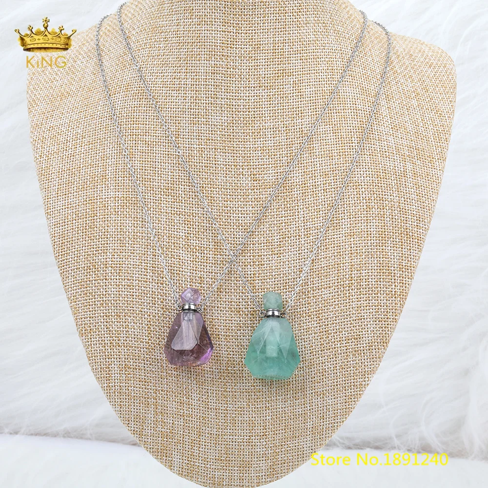 Natural Pink Quartz Perfume Bottle Silvery Chain Pendant Necklace Women Crystal Stone Essential Oil Bottle Jewelry SA-09KBCB