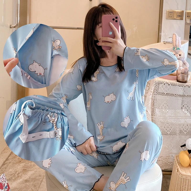 Breastfeeding Nightgown Maternity Nightgown Set Breast Sleep Maternity Clothes Pregnant Women Long Sleeve Pregnancy Winter Pajamas Nursing Clothing