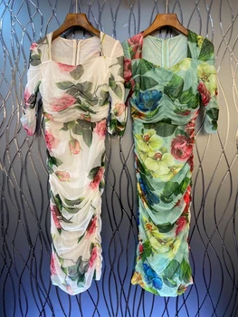 

2020 spring and summer new women's square neck back zipper printing color matching wrinkled twisted short sleeve dress 715