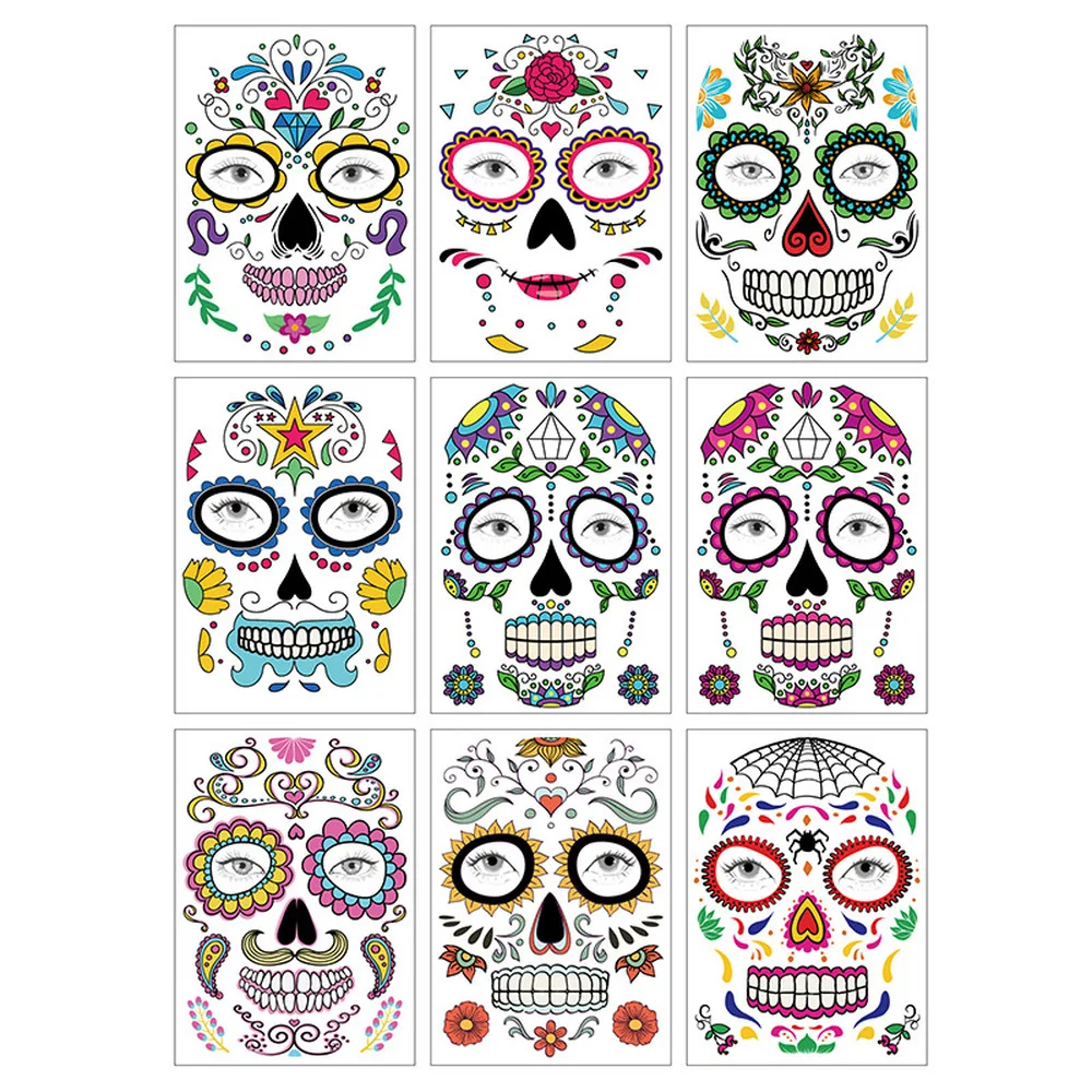 Halloween Party Decoration Halloween Mask Waterproof Temporary Tattoo Sticker Mexican Day of The Sugar Skull Mask Makeup Party,Q