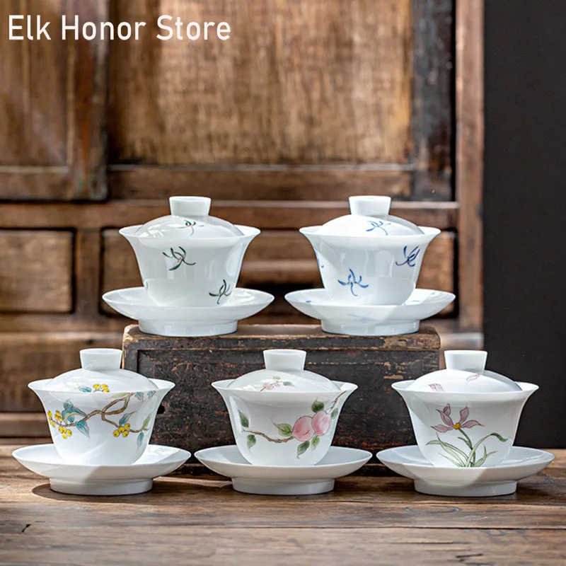 Hand Painted White Porcelain Tea Tureen Thin Tire Ceramic Bowl With Lid