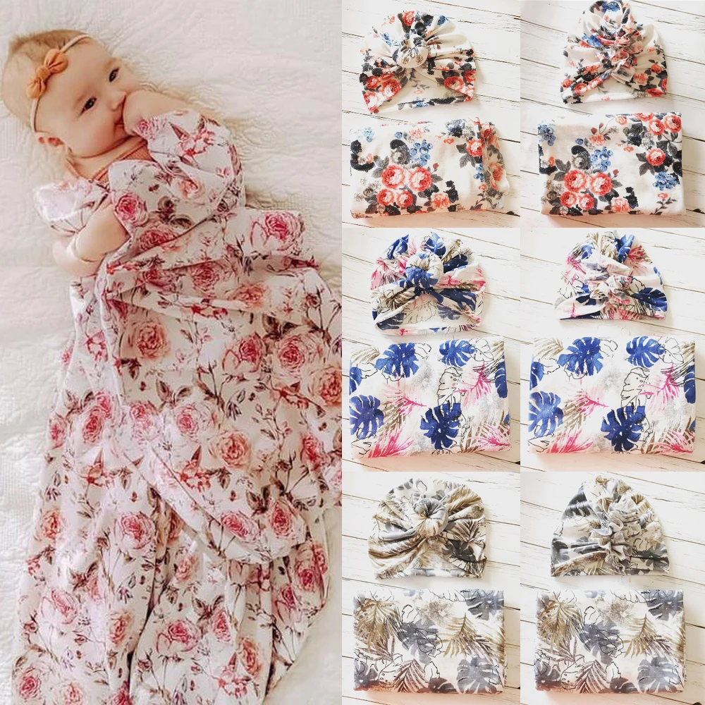 Пеленальное Одеяло с цветочным принтом для новорожденных; теплая одежда для сна; муслиновая пеленка+ шапочка