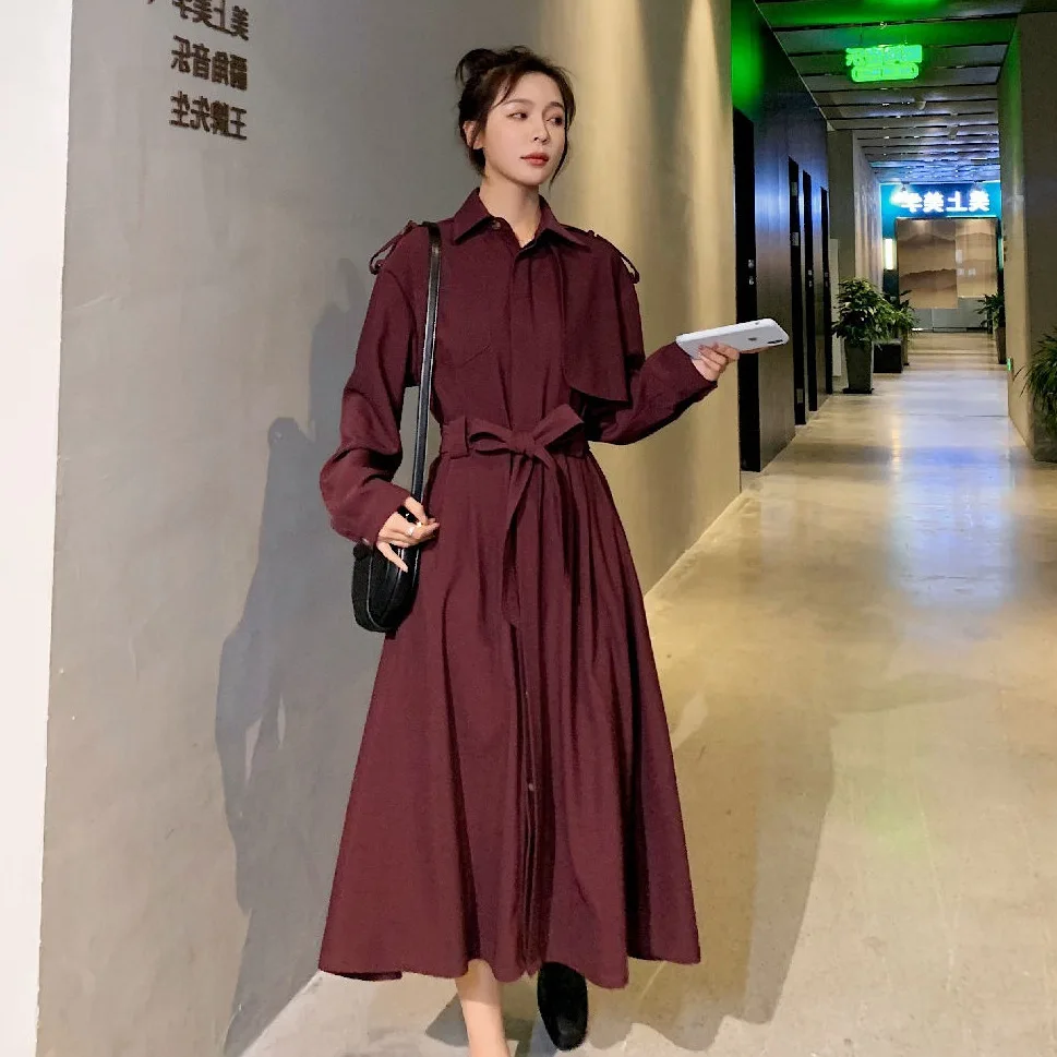 

Photo Shoot 2020 Spring Clothing Big Brand Khaki Fold-down Collar Elegant Ol Waist Hugging Lace-up Slimming Big Hemline Trench C