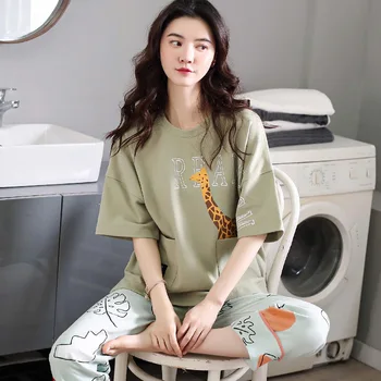 

JULY'S SONG 2 Pieces Women's Pajamas Set Short Sleeves Cartoon Cotton Women Sleepwear Homewear Shorts for Female